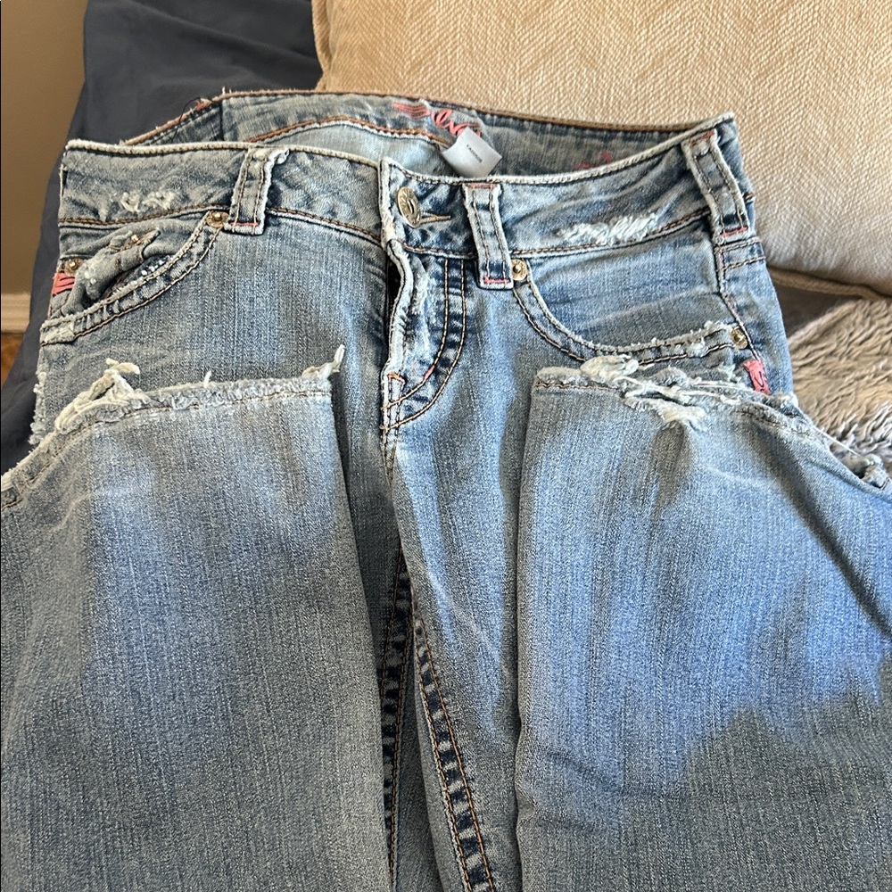 Silver Jeans Light Blue low-rise Boot Cut Jeans with Pink Trim
